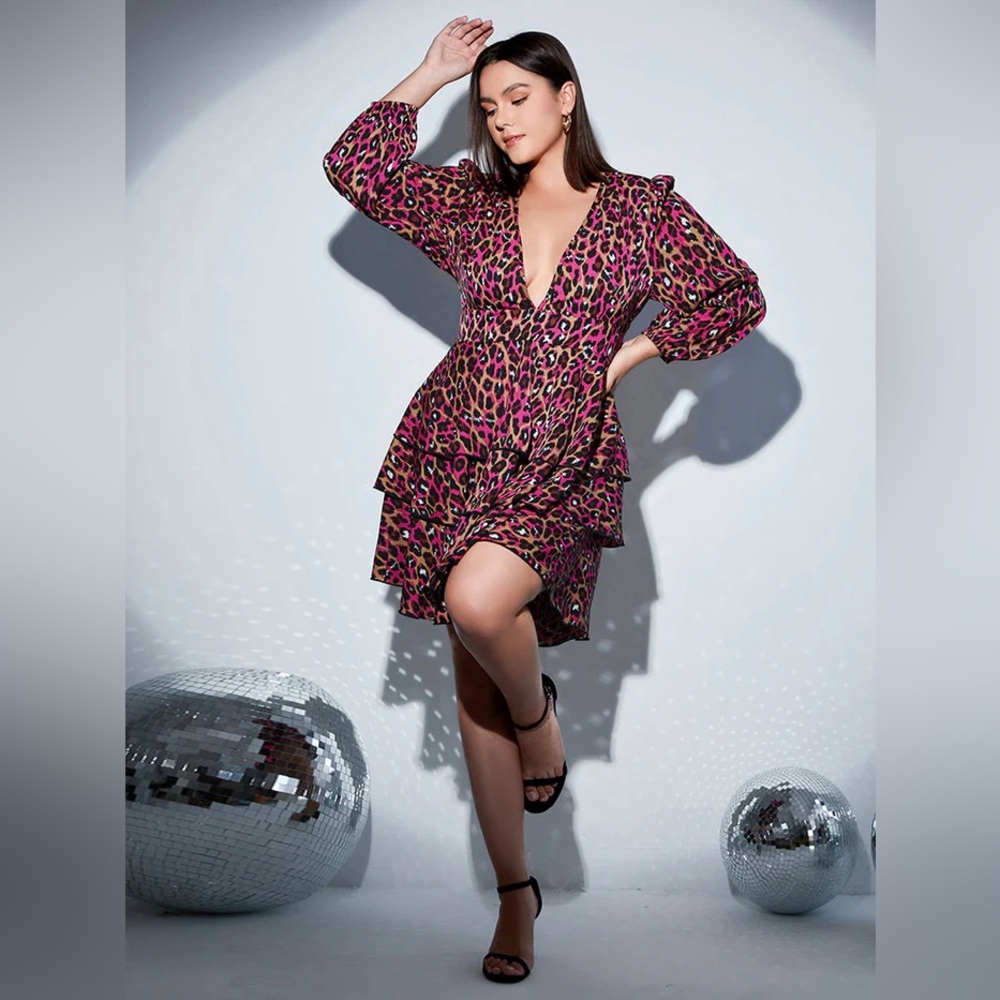 CURVESOUL Plus Pink Leopard Print Ruffle Hem Dress